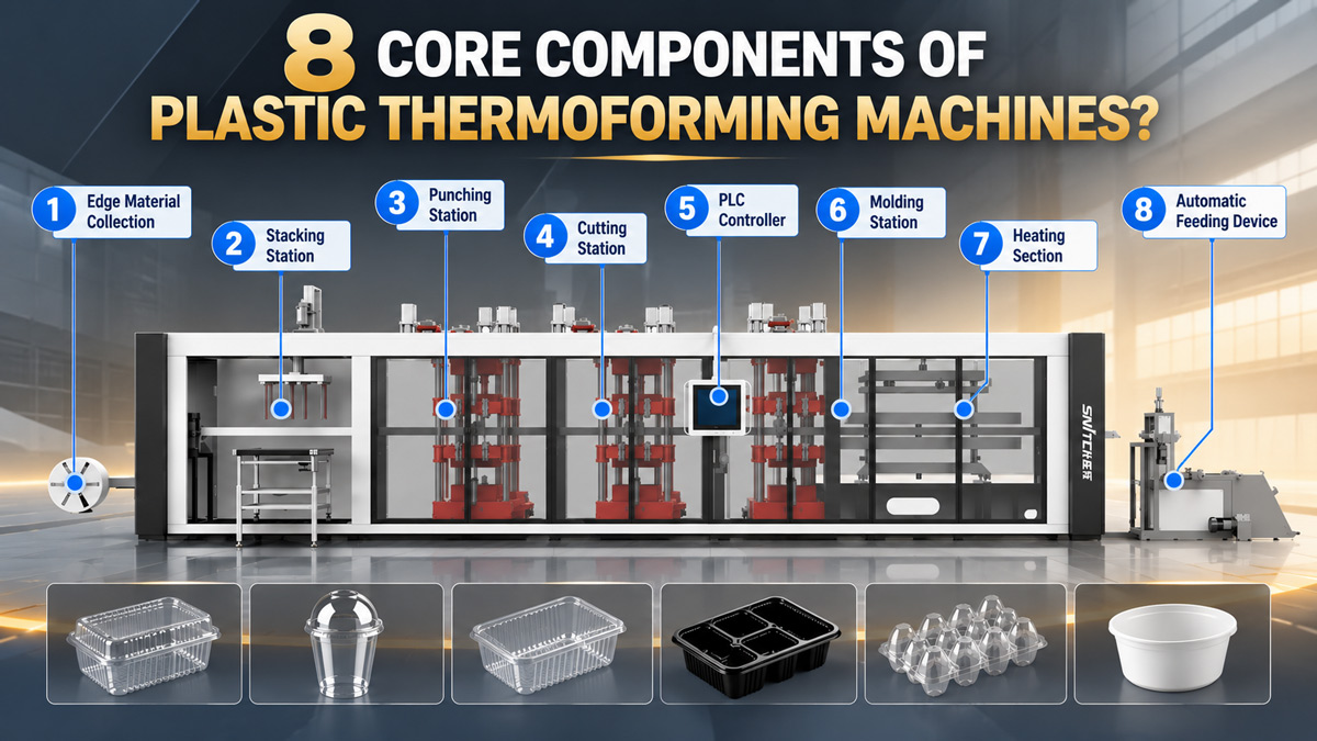 What core components make up a fully automatic 3-station thermoforming machine? Explore the 8 systems — feeding, heating, forming, punching, stacking — and how they work together